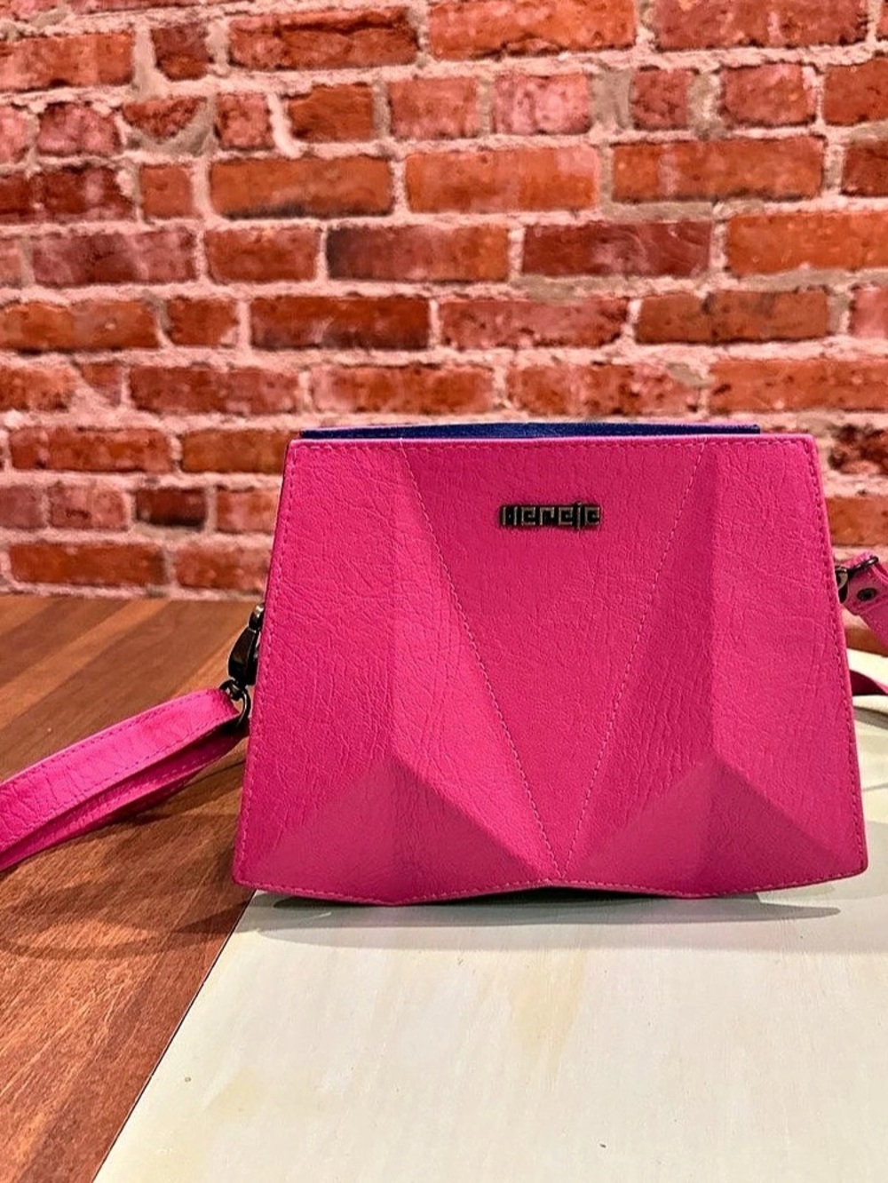 Mereie Geometric Leather Crossbody Bag in Hot Pink